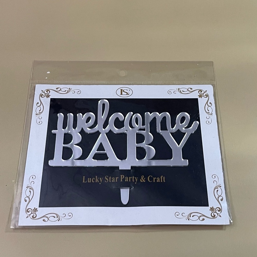 NWT Welcome Baby Cursive Mirrored Acrylic Cake Topper